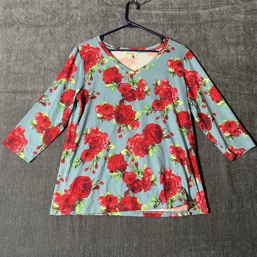 The Pioneer Woman Blue Red Rose Floral V-Neck Knit Top Shirt Blouse Small S 3/4